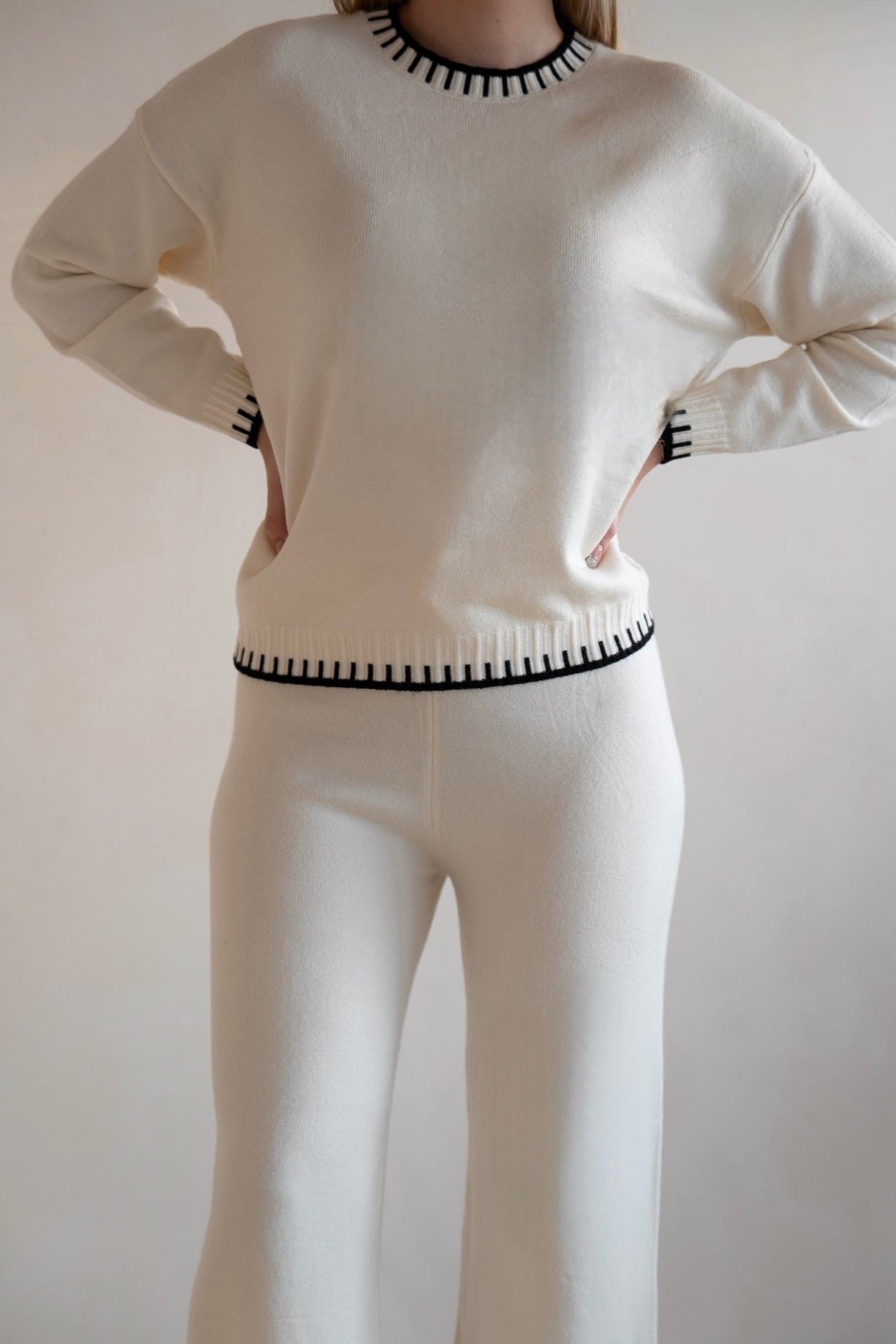White Knit Lounge Set with Contrast Trim
