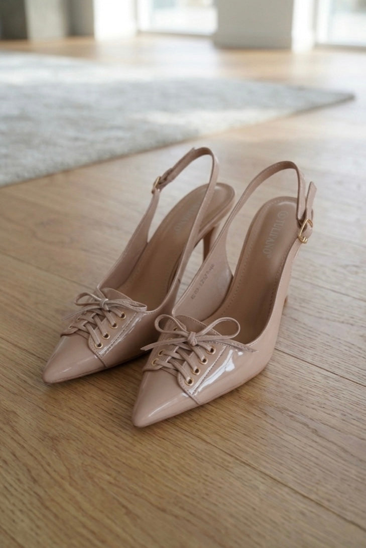 Pantofi cu Toc Nude Ballerina, Sling-Back Lucios