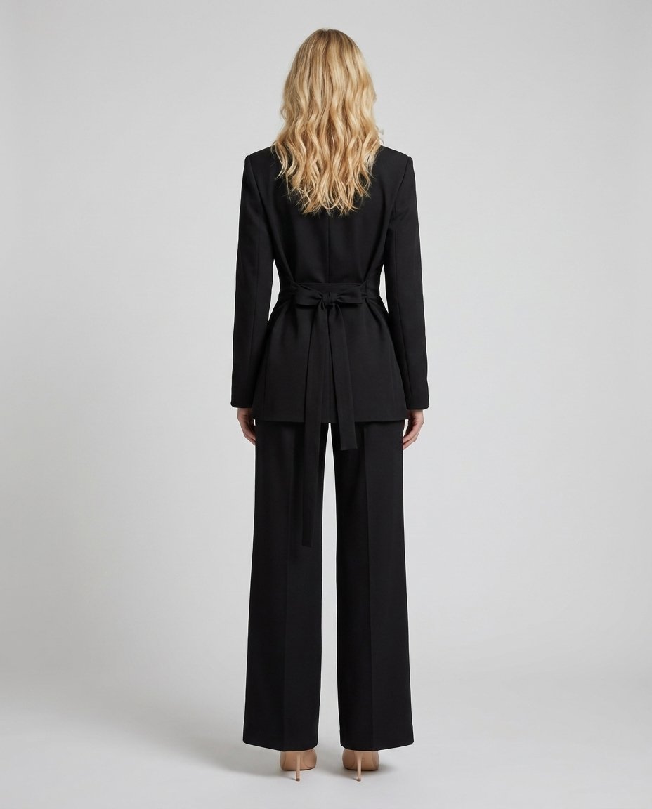 Set elegant negru pentru damă compus din sacou cambrat și pantaloni evazați cu croială amplă, recomandat pentru ținute office, business casual, cocktail, petreceri și evenimente elegante. Costum feminin modern, ușor de purtat atât împreună, cât și separat.