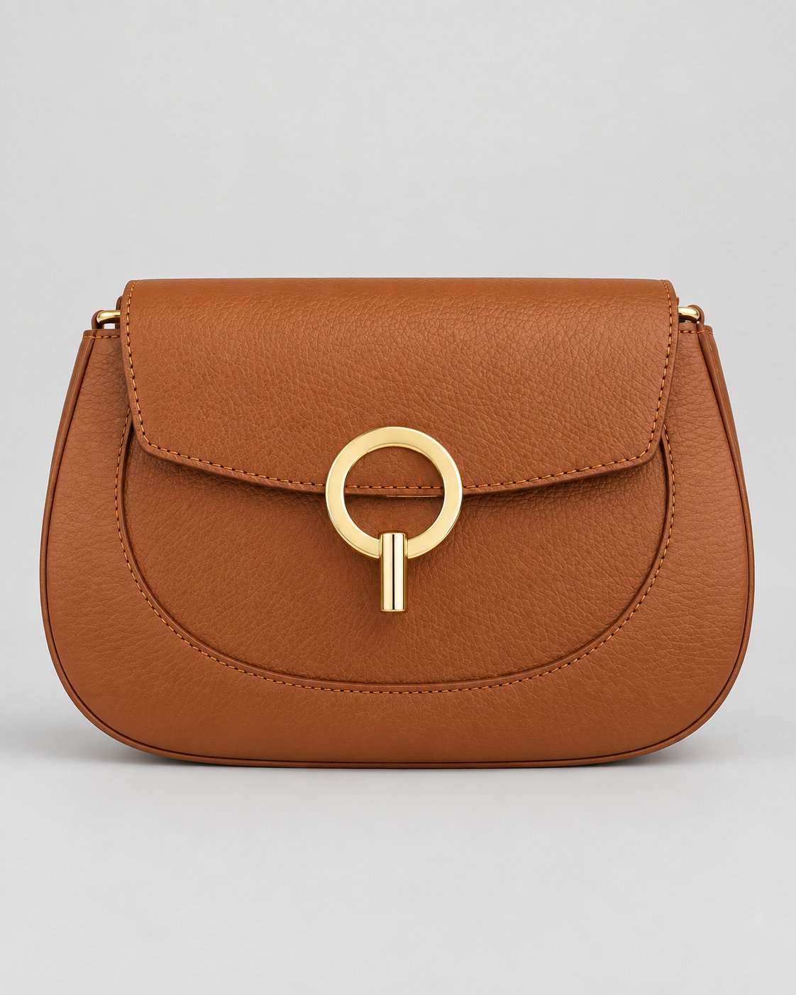 Geantă de umăr Sofia din piele naturală camel, model elegant pentru damă cu închidere frontală aurie și dimensiuni 25 x 7 x 17 cm