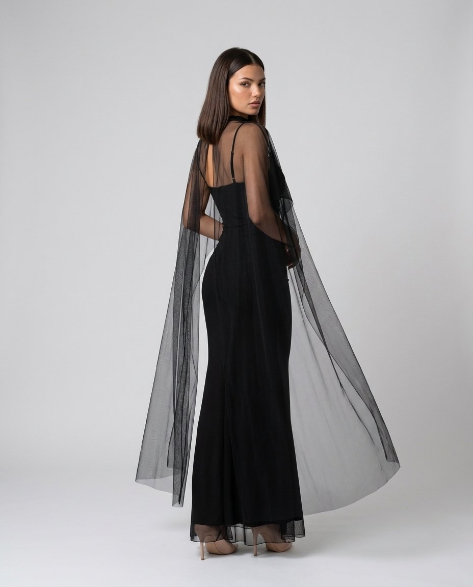 Rochie lungă neagră de ocazie pentru damă, cu croială mulată, detalii din voal transparent și material elastic care oferă confort și evidențiază armonios silueta. Rochie premium pentru femei, recomandată pentru nunți, baluri, Revelion și evenimente festive.
