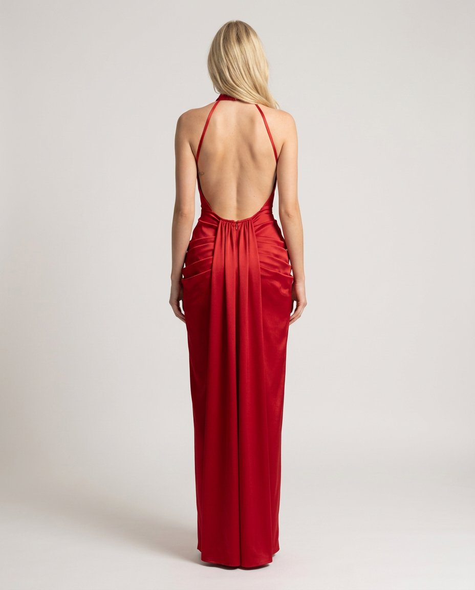 Rochie de ocazie roșie lungă pentru femei, cu decolteu halter, decupaj modern în partea frontală și design feminin care pune în valoare silueta. Rochie elegantă pentru damă, potrivită pentru gale, petreceri, recepții, aniversări, club și apariții spectaculoase.