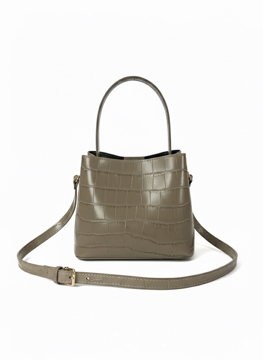 Poșetă din Piele Naturală Mara Taupe Croco Curea Reglabilă Made in Italy