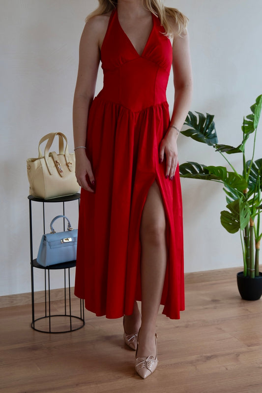 Rochie de Vară Roșie Marta cu Șliț Inalt - Made in Italy