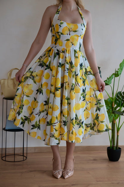 Rochie Midi cu Lămăi Portofino cu Halter - Made in Italy