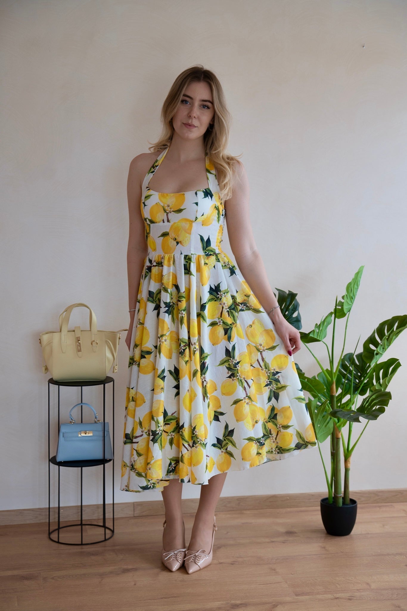 Rochie Midi cu Lămăi Portofino cu Halter - Made in Italy