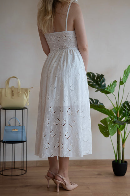 Rochie de Vără Albă Capri cu Dantelă și Fundițe la Umeri - Made in Italy