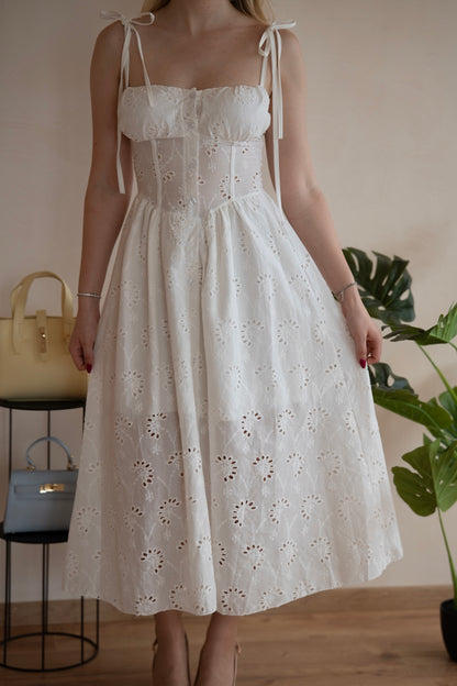 Rochie de Vără Albă Capri cu Dantelă și Fundițe la Umeri - Made in Italy