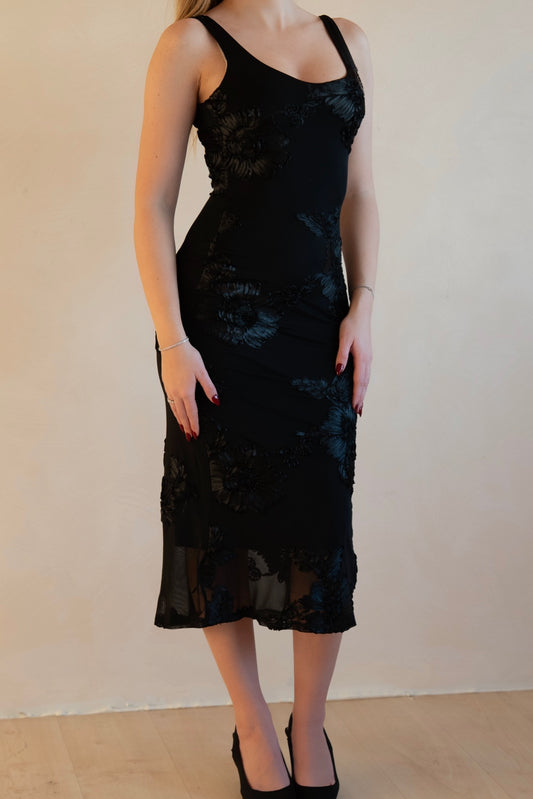 Black Floral Embroidered Midi Dress