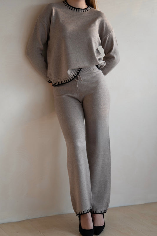 Khaki Knit Lounge Set with Contrast Trim