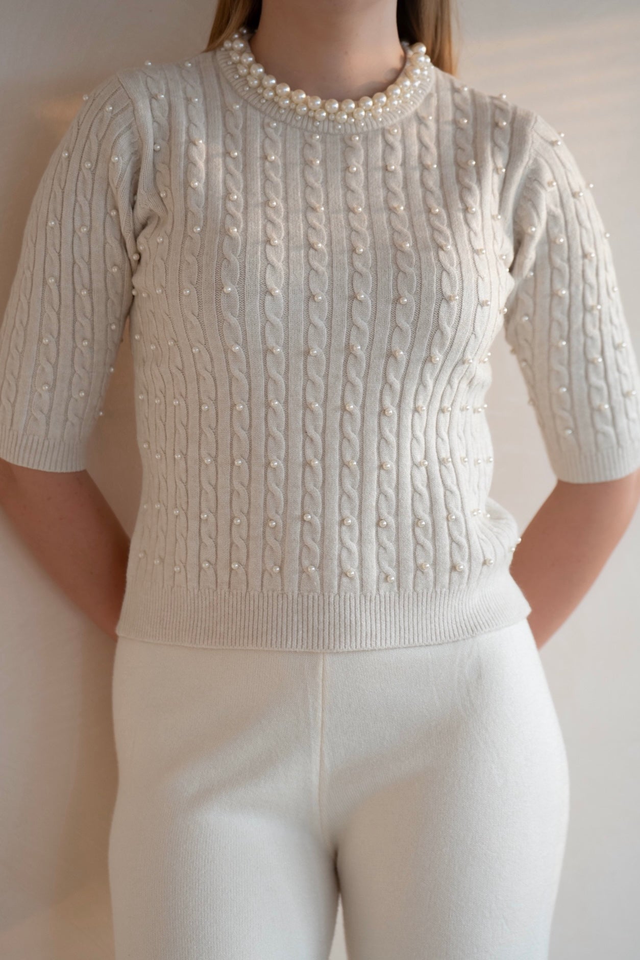 Pearl-Embellished Knit Top - White