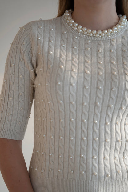 Pearl-Embellished Knit Top - White