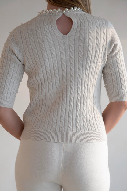 Pearl-Embellished Knit Top - White
