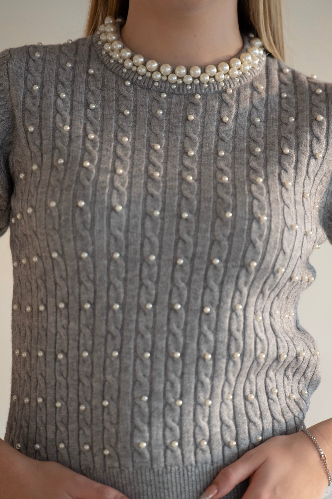 Pearl-Embellished Knit Top - Grey