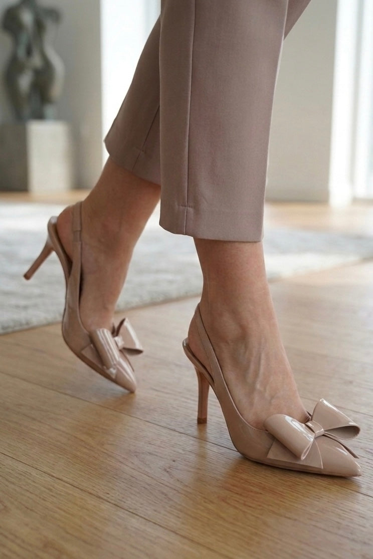 Pantofi cu Toc Nude cu Fundiță Sling-Back Piele naturală
