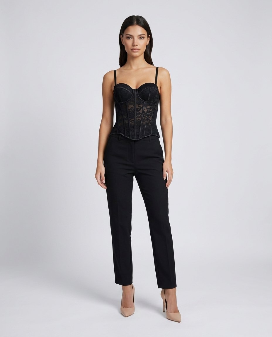 Corset din dantelă pentru femei cu design elegant și croială mulată, prevăzut cu cupe structurate și detalii feminine, perfect pentru ținute de seară, petreceri, evenimente elegante și outfituri sofisticate. Bustieră damă care pune în valoare formele corpului și completează orice garderobă modernă.