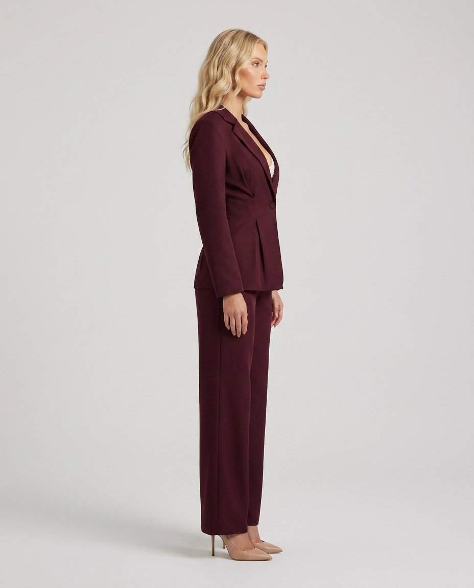Compleu damă vișiniu cu pantaloni largi și sacou elegant cambrat, perfect pentru femeile care caută un costum modern, confortabil și versatil. Ideal pentru ținute office, business, elegante, evenimente speciale, petreceri și garderoba premium a femeii moderne.
