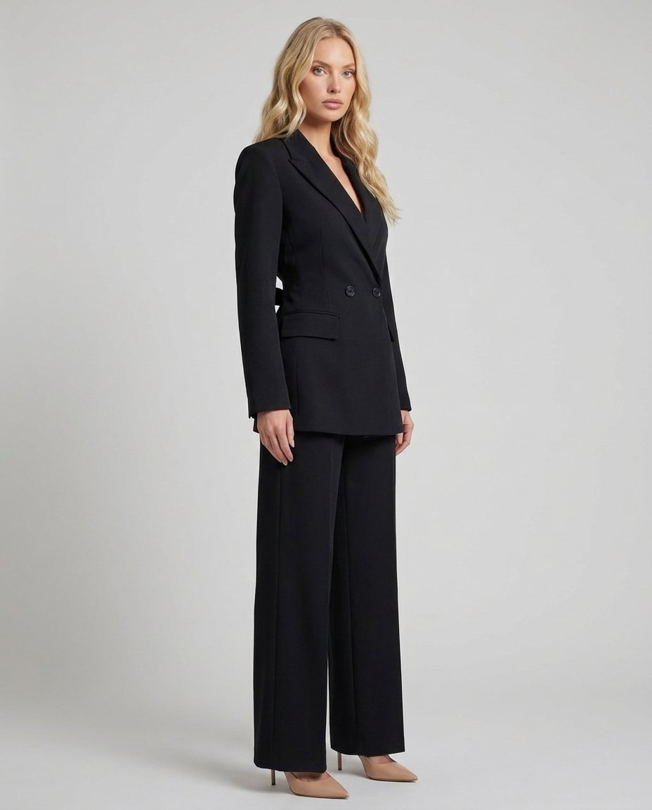 Costum damă negru format din sacou cambrat cu fundă decorativă la spate și pantaloni lungi cu croială largă, perfect pentru outfituri business, office și elegante. Compleu feminin potrivit pentru evenimente, ceremonii, petreceri și garderoba modernă a femeii.