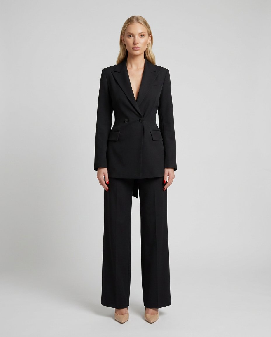 Compleu elegant negru pentru damă cu sacou cambrat și pantaloni largi, costum office modern pentru femei, ideal pentru birou, întâlniri de afaceri, evenimente speciale, petreceri și ținute elegante. Design feminin, confortabil și ușor de asortat cu pantofi cu toc sau accesorii premium.