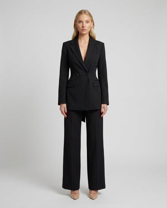 Compleu elegant negru pentru damă cu sacou cambrat și pantaloni largi, costum office modern pentru femei, ideal pentru birou, întâlniri de afaceri, evenimente speciale, petreceri și ținute elegante. Design feminin, confortabil și ușor de asortat cu pantofi cu toc sau accesorii premium.