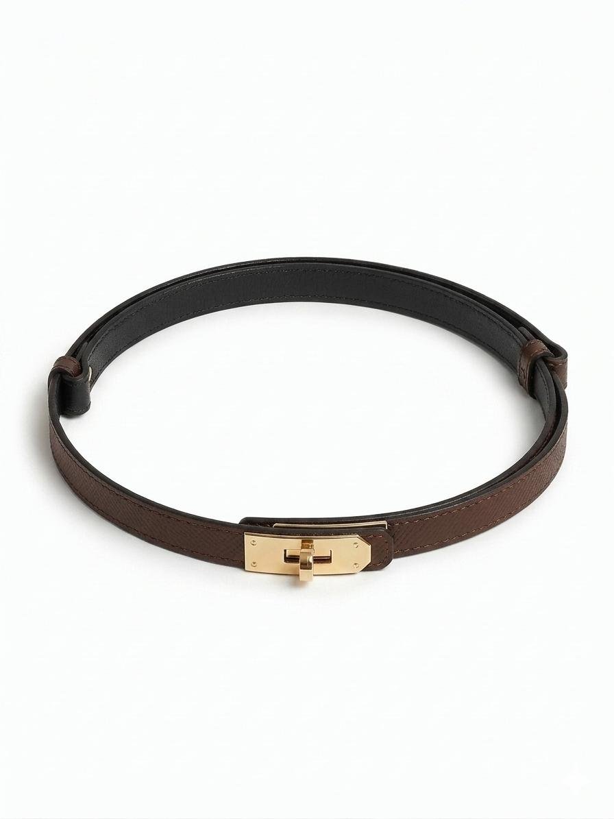 Curea maro închis din piele naturală pentru damă, cu cataramă aurie și finisaje premium, creată pentru confort și eleganță. Curea reglabilă pentru femei, ideală pentru rochii, pantaloni, sacouri, costume și ținute moderne de zi sau de seară.