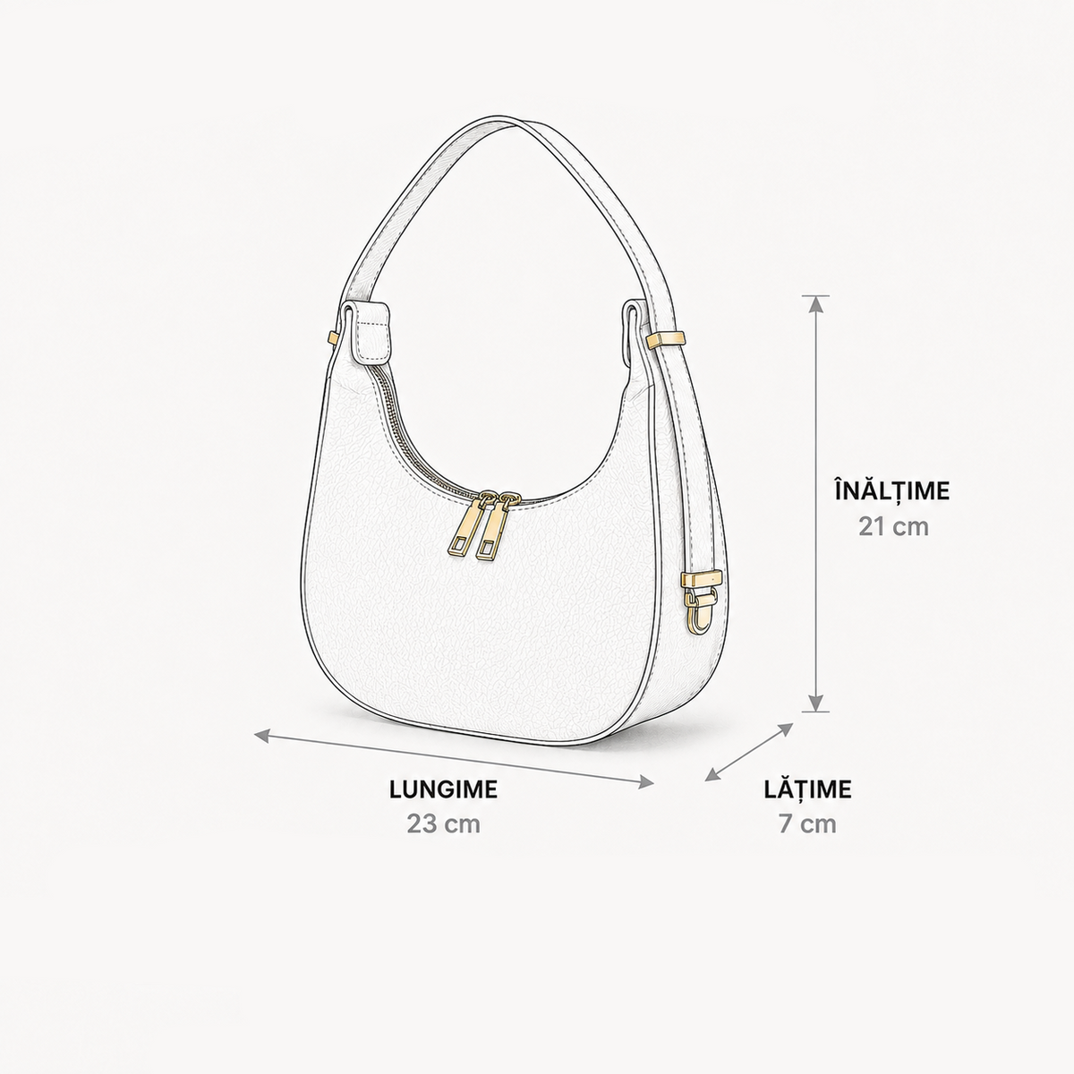 Prezentare dimensiuni pentru geanta de damă Luna turcoaz din piele naturală, model Made in Italy de 23 × 7 × 21 cm, compact, practic și suficient de încăpător pentru accesoriile esențiale.