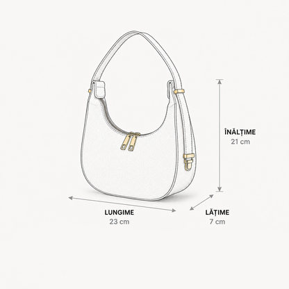 Prezentare dimensiuni pentru geanta de damă Luna turcoaz din piele naturală, model Made in Italy de 23 × 7 × 21 cm, compact, practic și suficient de încăpător pentru accesoriile esențiale.