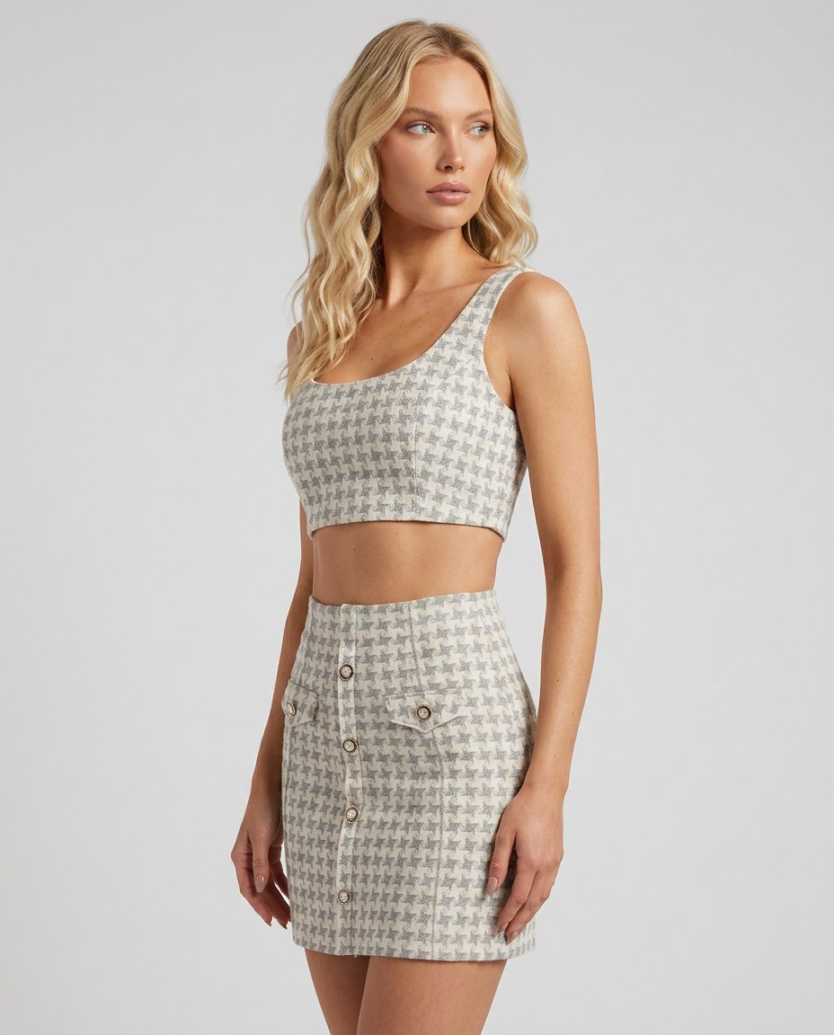 Fustă elegantă din tweed ivory pentru damă, cu nasturi aurii decorativi și buzunare frontale, ideală pentru ținute office, business casual și elegante. Fustă scurtă premium pentru femei, ușor de asortat cu sacouri, cămăși, pulovere fine sau topuri sofisticate.
