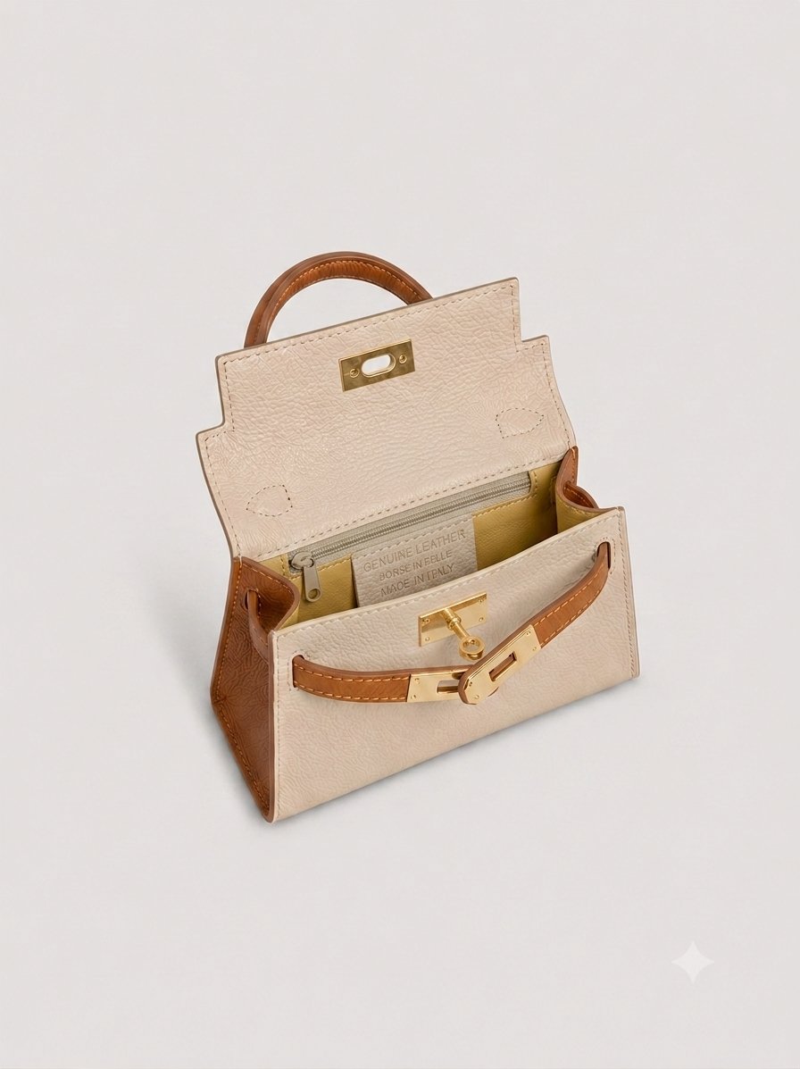 Poșetă bicolor crem și camel pentru femei din piele naturală Made in Italy, cu design modern, închidere metalică twist-lock și curea detașabilă. Geantă premium pentru damă, perfectă pentru outfituri elegante, business, casual și evenimente speciale.