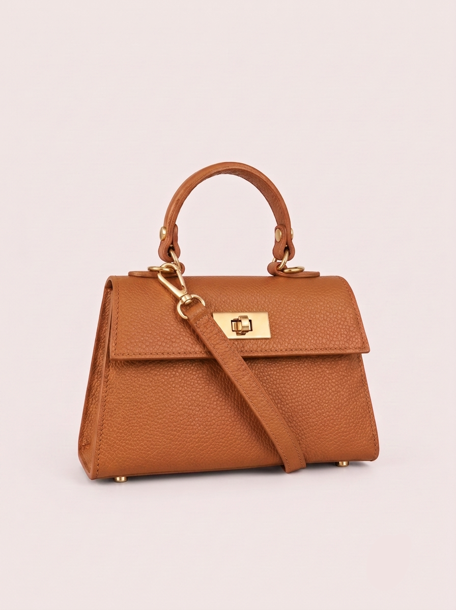 Geantă damă camel din piele naturală italiană, cu design structurat, închidere metalică aurie și curea pentru purtare pe umăr sau crossbody. Poșetă compactă și elegantă, ideală pentru oraș, birou, întâlniri și ținute casual chic.