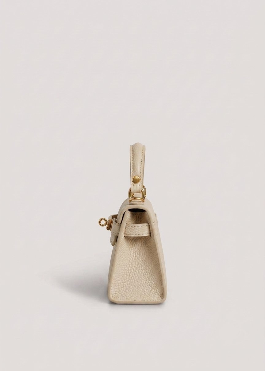 Poșetă din piele naturală întoarsă crem pentru damă, cu curea reglabilă, închidere twist-lock și dimensiuni compacte de 21 × 14 cm. Geantă premium pentru femei, recomandată pentru rochii, sacouri, pantaloni eleganți și ținute moderne.