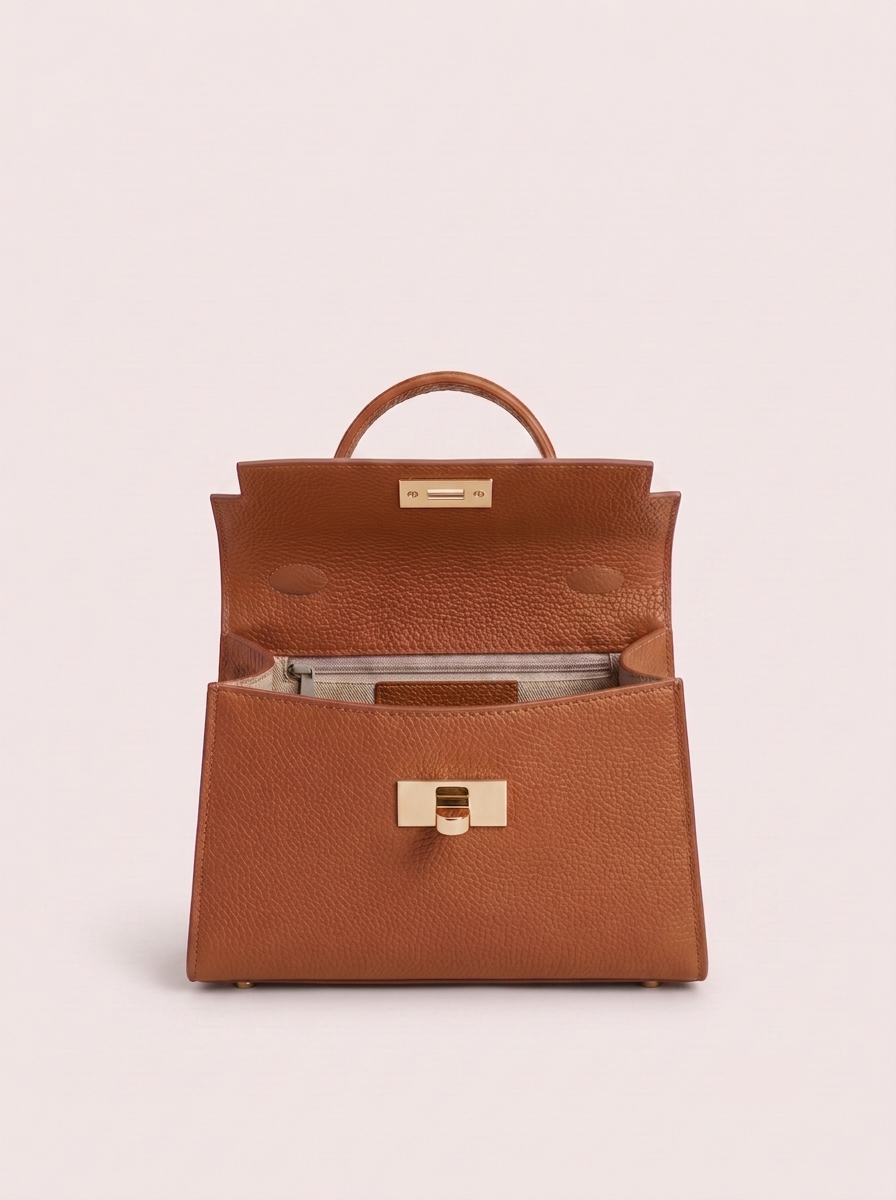 Poșetă Emilia mică camel pentru femei, realizată din piele naturală premium, cu mâner rigid, detalii aurii și compartiment interior practic. Geantă Made in Italy pentru outfituri elegante, moderne, business și ocazii speciale.