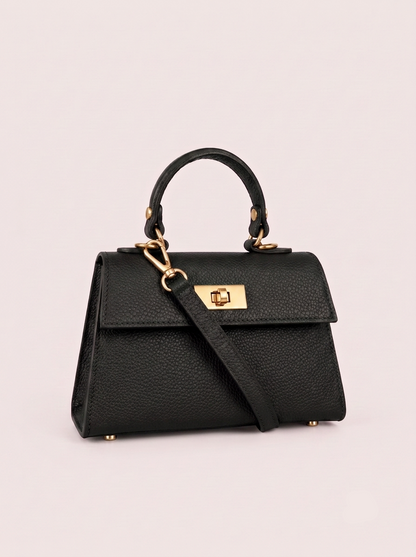 Poșetă Emilia mică neagră pentru femei, realizată din piele naturală premium, cu mâner rigid, detalii aurii și compartiment interior practic. Geantă Made in Italy pentru outfituri elegante, moderne, business și ocazii speciale.