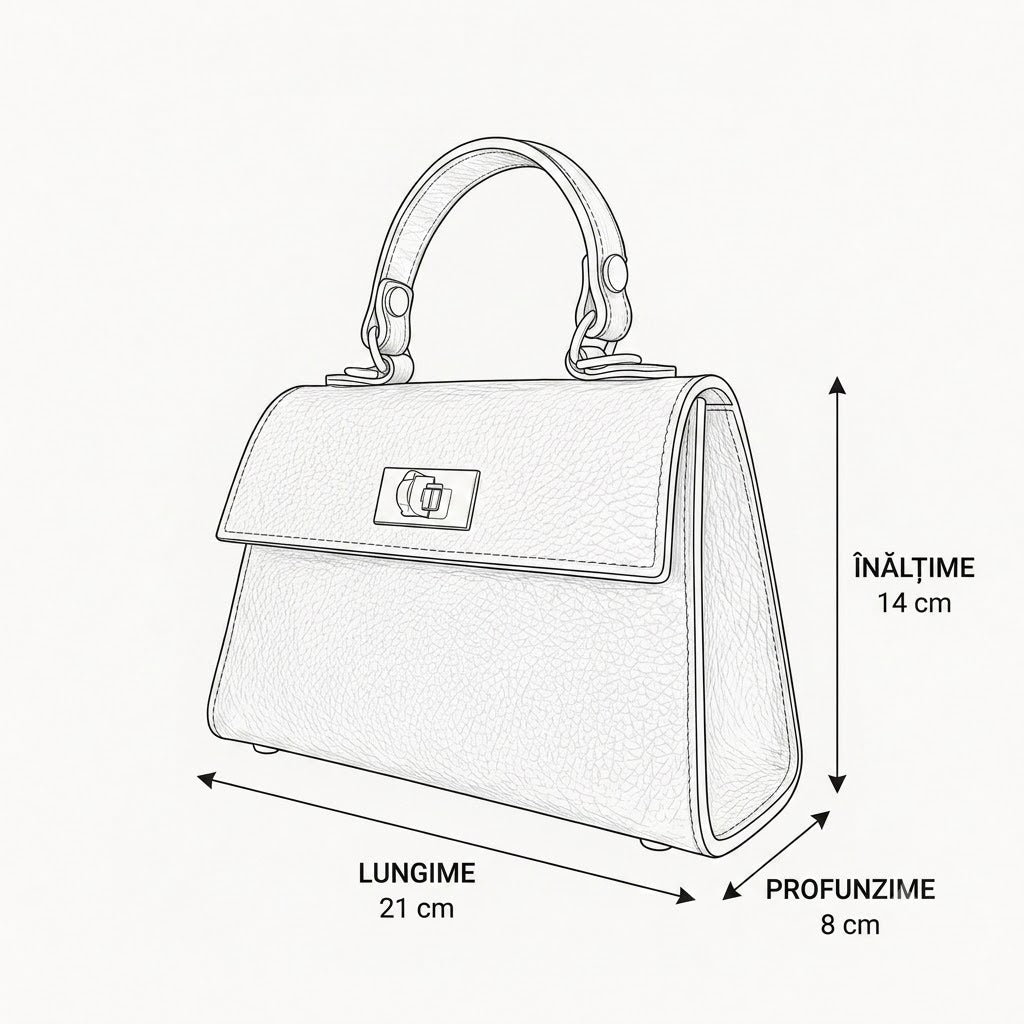 Prim-plan cu Poșeta Emilia din piele naturală Made in Italy, evidențiind textura premium a pielii, închiderea metalică aurie, mânerul superior și designul compact, elegant și feminin, perfect pentru orice garderobă modernă.