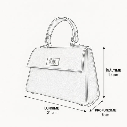 Prim-plan cu Poșeta Emilia din piele naturală Made in Italy, evidențiind textura premium a pielii, închiderea metalică aurie, mânerul superior și designul compact, elegant și feminin, perfect pentru orice garderobă modernă.