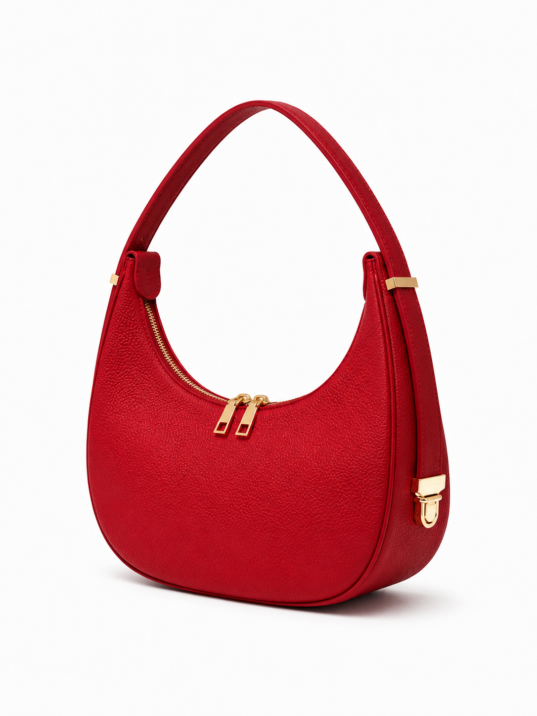 Poșetă Luna pentru femei, realizată din piele naturală roșie și fabricată în Italia, cu formă elegantă tip shoulder bag, accesorii metalice aurii și curea ajustabilă pentru diferite stiluri de purtare