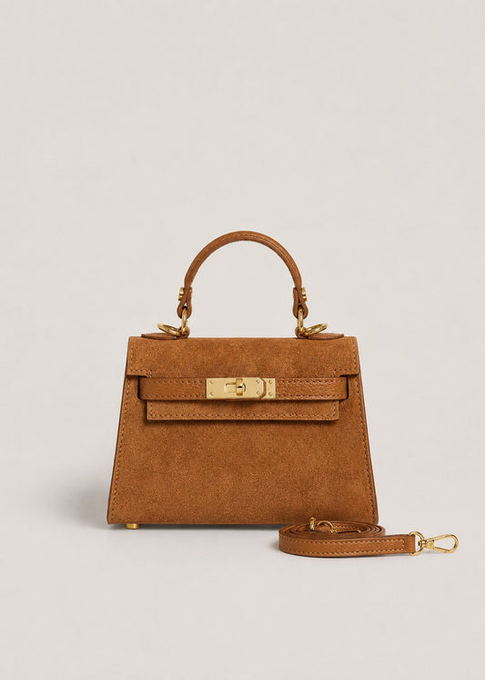 Poșetă damă camel din piele naturală întoarsă premium, Made in Italy, cu închidere twist-lock aurie și curea reglabilă și detașabilă. Geantă elegantă din piele întoarsă pentru femei, ideală pentru ținute office, casual chic, evenimente, petreceri și utilizare zilnică.