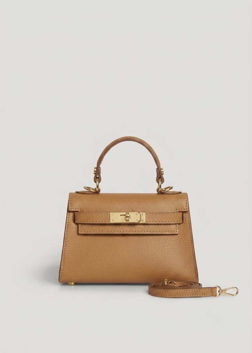 Poșetă damă camel din piele naturală întoarsă premium, Made in Italy, cu închidere twist-lock aurie și curea reglabilă și detașabilă. Geantă elegantă din piele întoarsă pentru femei, ideală pentru ținute office, casual chic, evenimente, petreceri și utilizare zilnică.