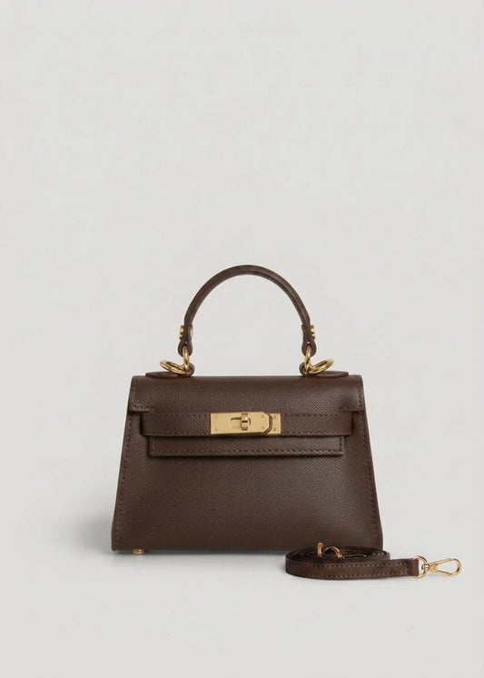 Poșetă damă maro închis din piele naturală premium, Made in Italy, cu închidere twist-lock aurie și curea reglabilă și detașabilă. Geantă elegantă pentru femei, ideală pentru ținute office, casual chic, evenimente, petreceri și utilizare zilnică.