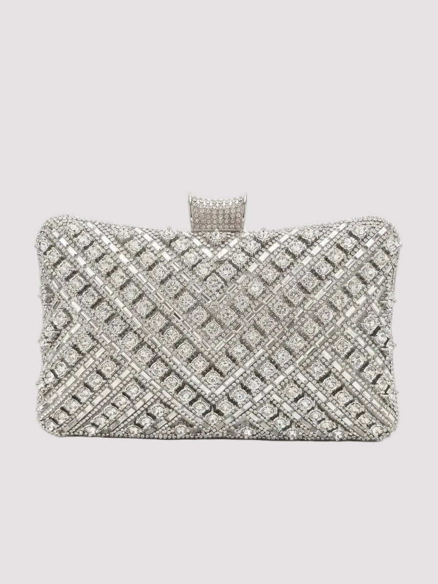 Poșetă clutch argintie pentru damă, decorată cu pietre strălucitoare și cristale premium, cu design elegant și închidere metalică sigură. Geantă de ocazie pentru femei, ideală pentru nunți, botezuri, gale, baluri, cocktail-uri, Revelion și evenimente de lux.