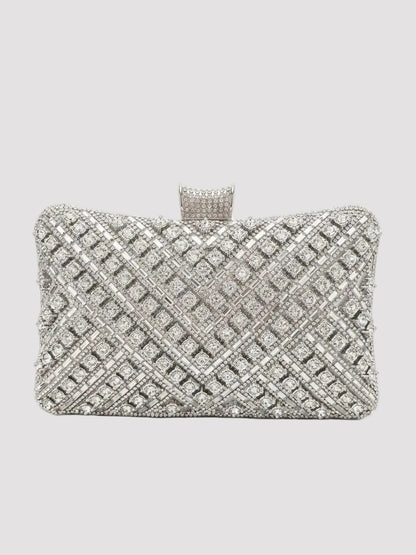 Poșetă clutch argintie pentru damă, decorată cu pietre strălucitoare și cristale premium, cu design elegant și închidere metalică sigură. Geantă de ocazie pentru femei, ideală pentru nunți, botezuri, gale, baluri, cocktail-uri, Revelion și evenimente de lux.