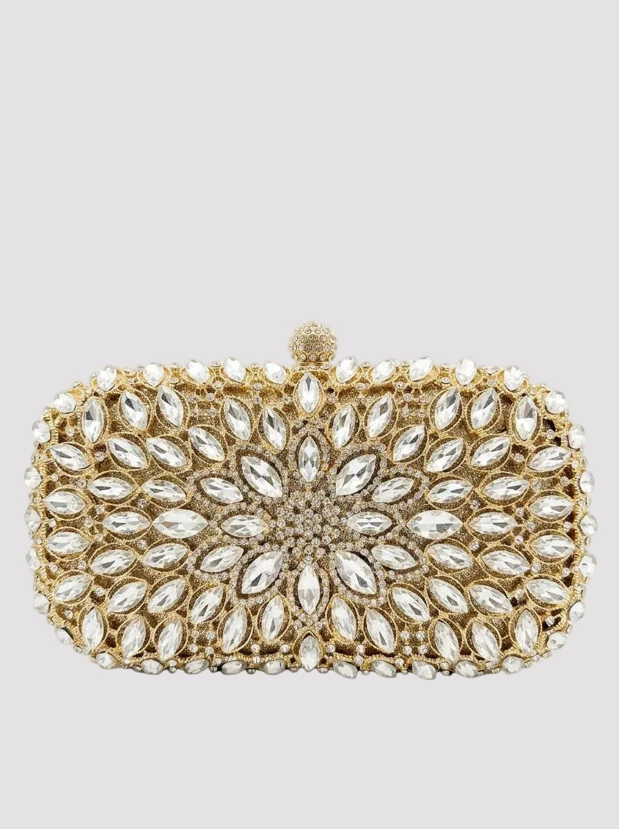 Geantă clutch aurie elegantă pentru damă, decorată integral cu pietre și cristale strălucitoare, cu lanț auriu detașabil și închidere metalică tip clasp, perfectă pentru nunți, botezuri, petreceri, baluri și alte evenimente speciale.