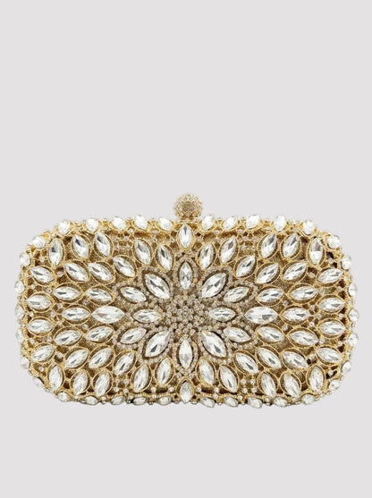 Geantă clutch aurie elegantă pentru damă, decorată integral cu pietre și cristale strălucitoare, cu lanț auriu detașabil și închidere metalică tip clasp, perfectă pentru nunți, botezuri, petreceri, baluri și alte evenimente speciale.