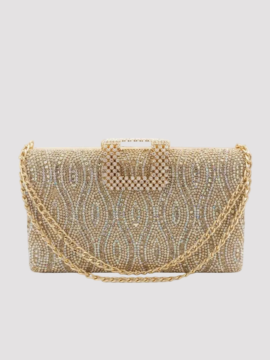 Poșetă clutch aurie elegantă pentru damă, decorată integral cu cristale și strass strălucitoare, prevăzută cu lanț metalic auriu și închidere premium, accesoriu ideal pentru nunți, botezuri, baluri, petreceri și alte evenimente speciale.