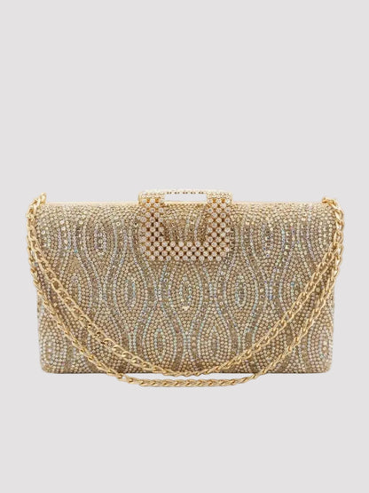 Poșetă clutch aurie elegantă pentru damă, decorată integral cu cristale și strass strălucitoare, prevăzută cu lanț metalic auriu și închidere premium, accesoriu ideal pentru nunți, botezuri, baluri, petreceri și alte evenimente speciale.