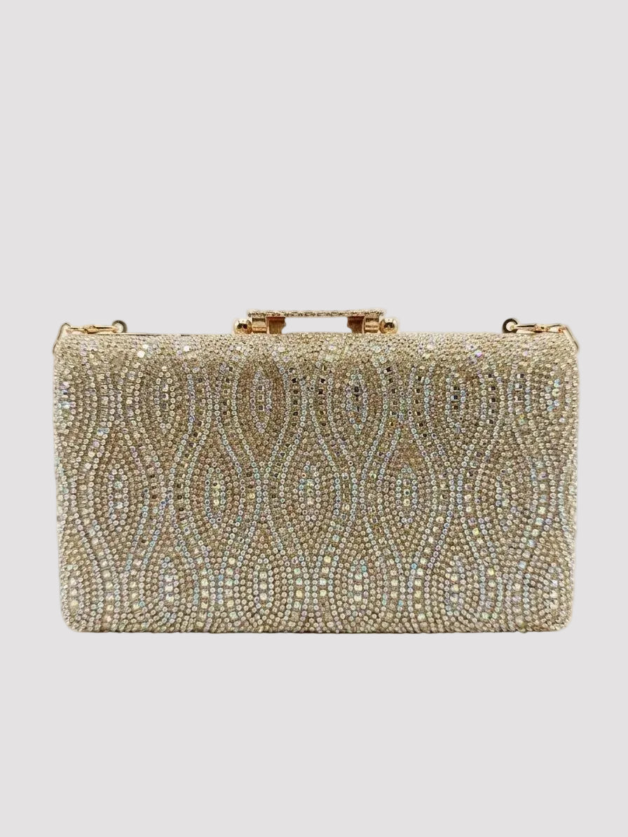 Poșetă elegantă aurie cu cristale premium și lanț metalic detașabil, geantă clutch pentru femei cu design modern și finisaje rafinate, perfectă pentru ținute de gală, rochii elegante și evenimente speciale.