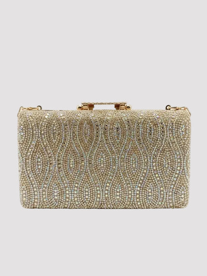 Poșetă elegantă aurie cu cristale premium și lanț metalic detașabil, geantă clutch pentru femei cu design modern și finisaje rafinate, perfectă pentru ținute de gală, rochii elegante și evenimente speciale.