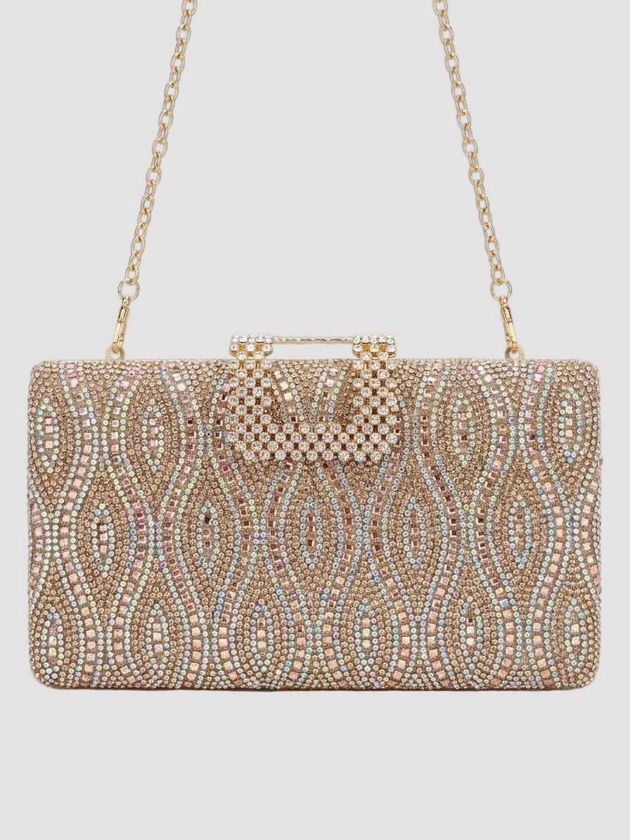 Geantă clutch champagne pentru damă, decorată cu cristale și strass strălucitoare, prevăzută cu lanț metalic auriu detașabil și închidere elegantă, accesoriu premium ideal pentru nunți, botezuri, petreceri, baluri și evenimente speciale.