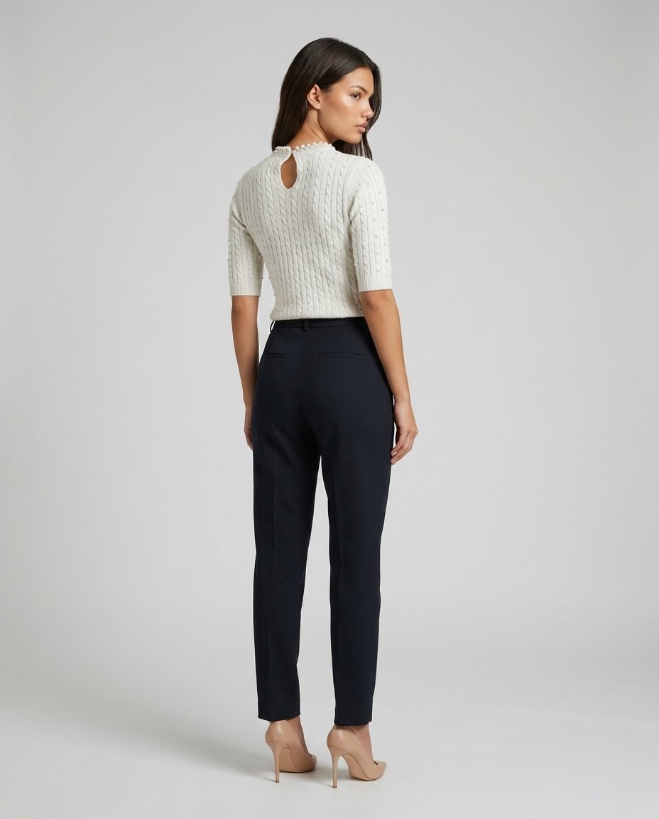 Pulover elegant alb pentru damă cu perle aplicate și mâneci scurte, realizat din tricot moale și plăcut la atingere. Bluză tricotată pentru femei, perfectă pentru ținute business casual, office, evenimente de zi, city break și garderoba modernă a oricărei femei.