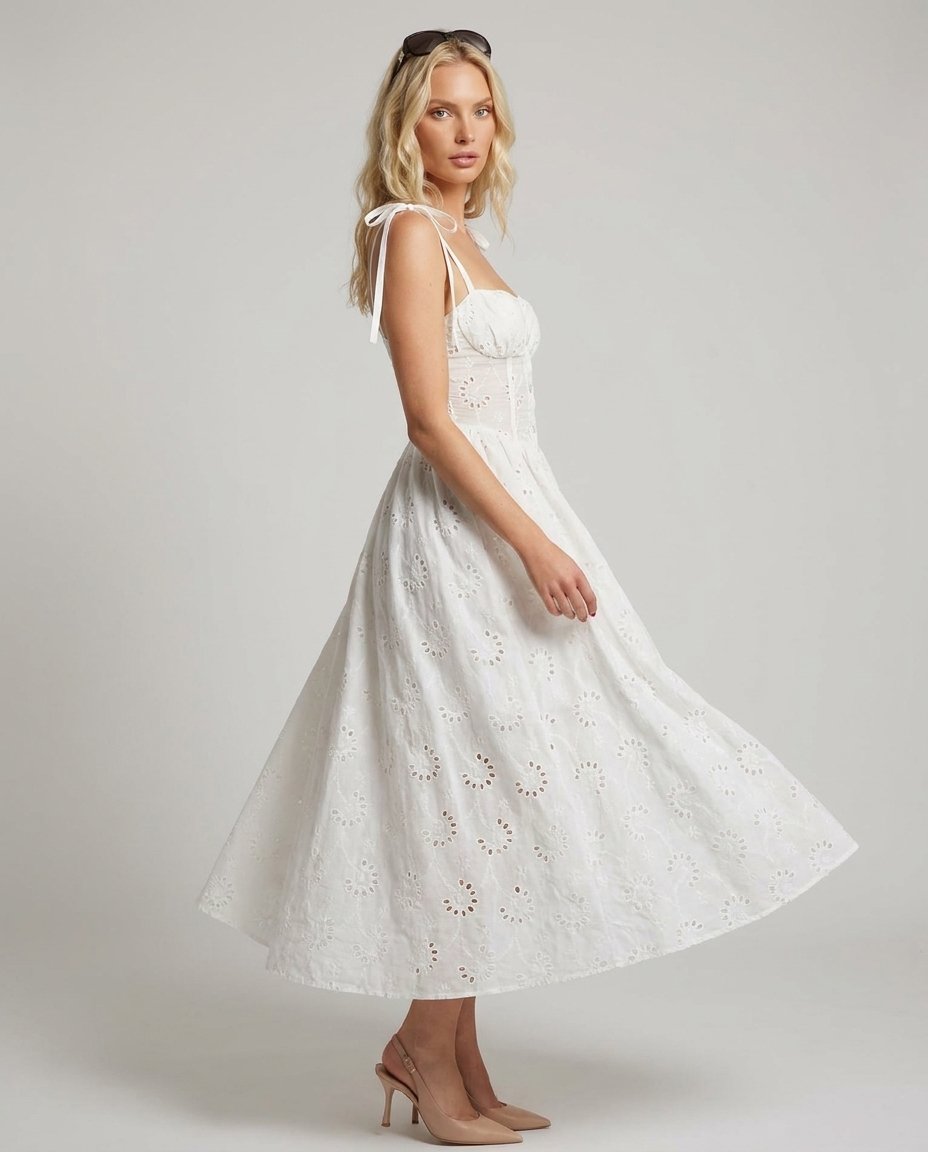 Rochie albă elegantă pentru damă din dantelă brodată Made in Italy, cu bretele tip fundă, croială feminină și fustă amplă. Rochie midi de vară pentru femei, ideală pentru petreceri, garden party, vacanțe, city break, plajă și evenimente elegante de zi.